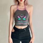 Butterfly Print Lace Up Cropped Halter Top