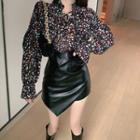Floral Print Blouse / Asymmetric Mini Pencil Faux Leather Skirt
