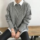 Mock-neck Wool Blend Cable-knit Sweater