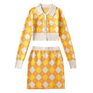 Set: Collared Argyle Cardigan + Mini Pencil Skirt