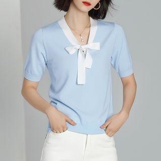 Short-sleeve Ribbon-neck Knit Top