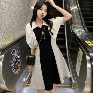 Puff-sleeve Color Block Midi A-line Polo Dress