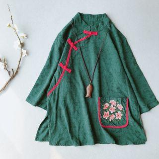 Flower Embroidered Frog-button Blouse