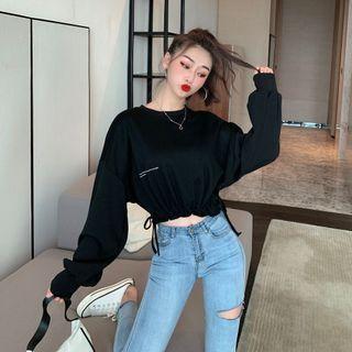 Lettering Drawstring-hem Cropped Sweatshirt