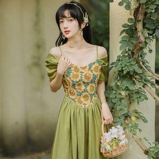 Spaghetti Strap Off Shoulder Floral Midi A-line Dress