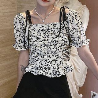 Puff-sleeve Cold-shoulder Floral Blouse
