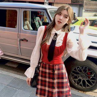 Ruffle Trim Shirt / Camisole Top / Plaid A-line Skirt / Neck Tie
