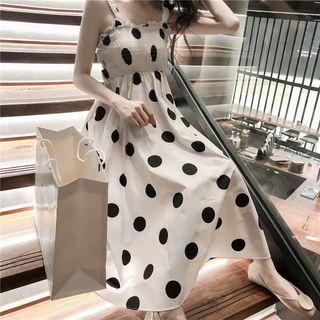 Dotted Smocked Sleeveless Midi Dress White - One Size