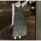 Long-sleeve High-neck Plain T-shirt / Leopard Print Spaghetti-strap Dress