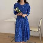 Floral Print Puff-sleeve Midi A-line Dress Blue - One Size