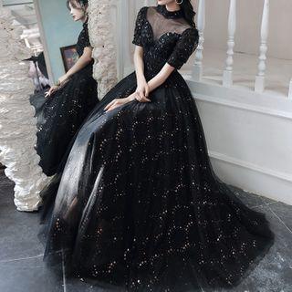 Stand Collar Puff-short-sleeve Mesh Panel Sequined A-line Evening Gown