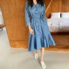 Ruffle-hem Denim Shirtdress & Sash Light Blue - One Size