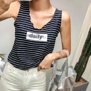 Lettering Lettuce-edge Stripe Tank Top