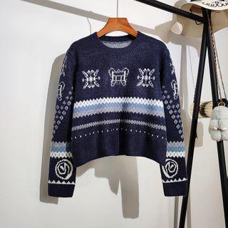 Cropped Round-neck Print Sweater