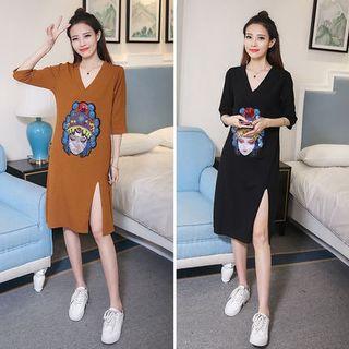 Sequined 3/4 Sleeve Side Slit T-shirt Dress
