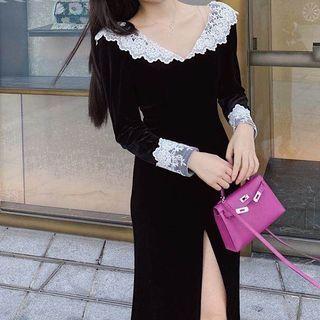 Lace Panel Slit Midi Dress