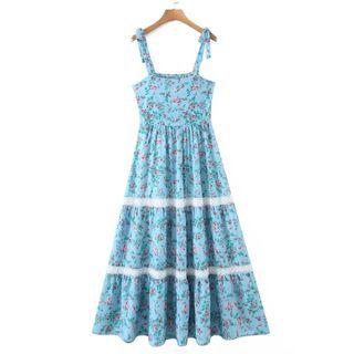 Strappy Floral Lace-panel Midi A-line Dress