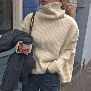 Plain High-neck Long-sleeve Knit Sweater