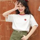 Elbow-sleeve Strawberry Embroidery T-shirt White - One Size