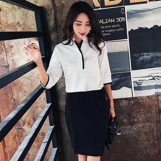 Set: Contrast Trim 3/4 Sleeve Shirt + Straight Cut Skirt