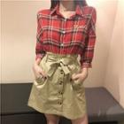 Color-block Lettering Printed Blouse / Single-breasted High-waist Lace-up Skirt