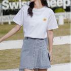 Short-sleeve Print T-shirt / Asymmetrical Denim Mini A-line Skirt / Set
