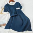 Short-sleeve Knit A-line Dress Blue - One Size