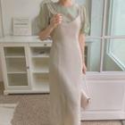 Puff-sleeve Top / Spaghetti Strap Midi Sheath Dress