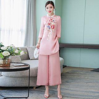 Set: Traditional Chinese 3/4-sleeve Embroidered Top + Wide-leg Pants