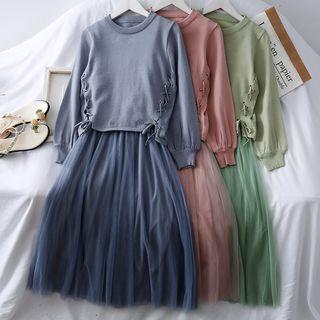 Set: Lace-up Crop Knit Top + Mesh Slipdress