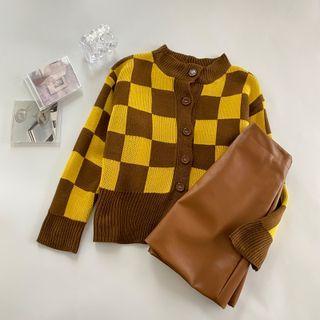 Checkered Cardigan / Faux Leather Mini A-line Skirt
