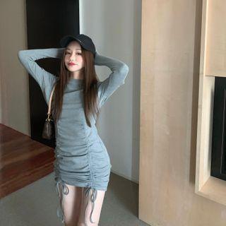 Long-sleeve Drawstring Ruffled Slim Fit Dress