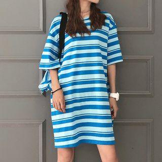 Set: Striped Short-sleeve T-shirt Dress + Belt Bag