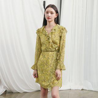 Frilled-detail Pattern Wrap-front Dress Yellow - One Size