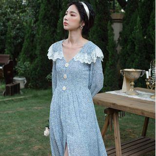 Long-sleeve Floral Print Lace Trim Midi A-line Dress