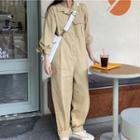 Plain Long-sleeve Jumpsuit Khaki - One Size
