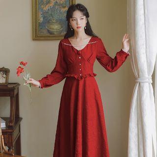 Long-sleeve Ruffle Faux Pearl Midi A-line Dress