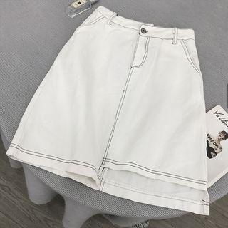 Asymmetric Stitched Trim A-line Mini Denim Skirt