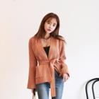 Open-front Rib-knit Cardigan With Sash