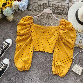 Square-neck Dotted Long-sleeve Cropped Top