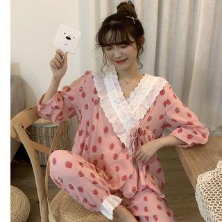 3/4-sleeve Strawberry Cotton Cardigan Pants Lounge Wear Set As Shown In Figure - One Size
