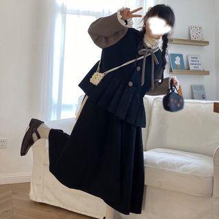 Pleated Tie-neck Vest / Midi A-line Overall Dress