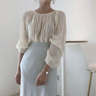 Ruched Elbow-sleeve Blouse/ High Waist Midi Skirt