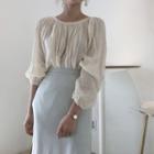 Ruched Elbow-sleeve Blouse/ High Waist Midi Skirt