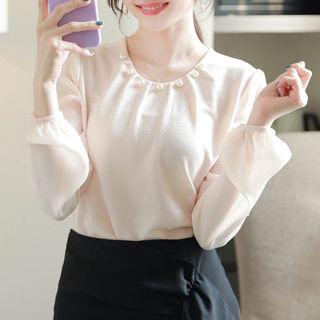 Faux-pearl Balloon-sleeve Top