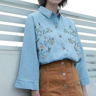 3/4-sleeve Embroidery Denim Shirt