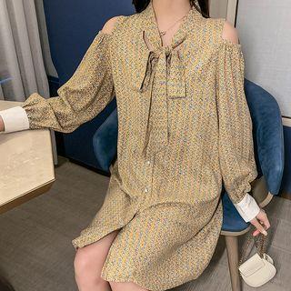 Cold Shoulder Patterned Long-sleeve A-line Dress