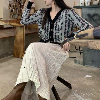 Contrast Trim Cropped Cardigan / Midi A-line Skirt