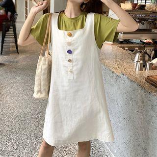 Set: Crew-neck Short-sleeve T-shirt + Button Detail Pinafore Dress T-shirt - Avocado Green - One Size / Pinafore Dress - White - One Size