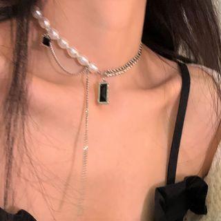 Faux Pearl Layered Necklace 1pc - Silver & White & Black - One Size